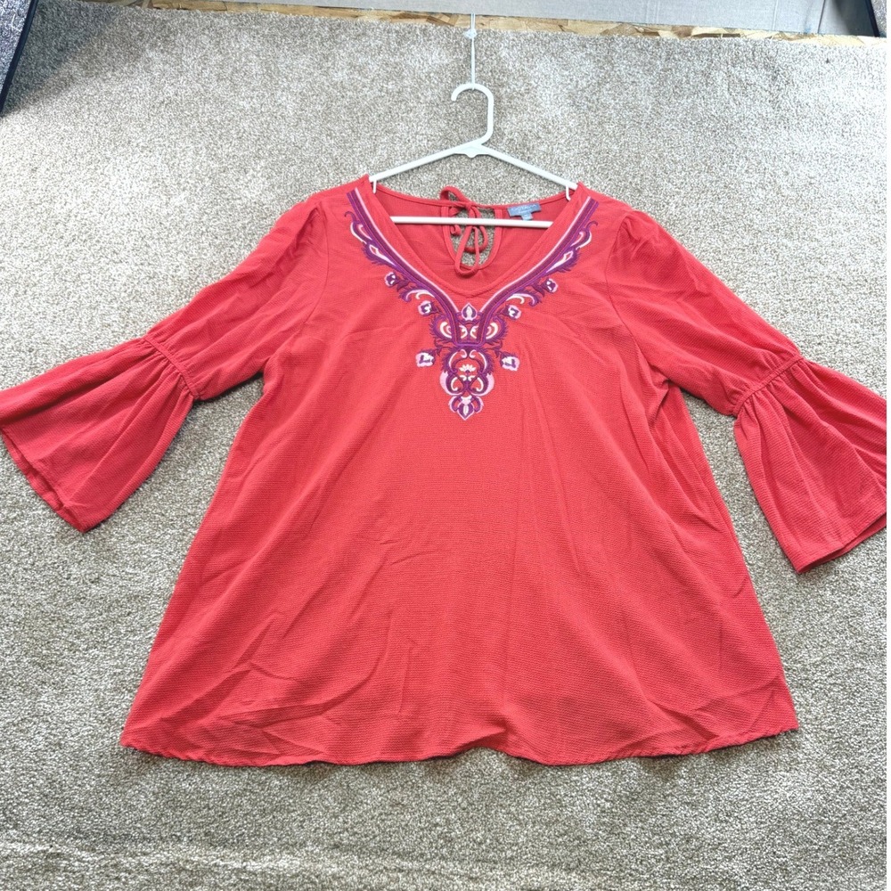 Octavia Maternity Coral Embroidered Bell Sleeve Blouse Top M Boho Textured Shirt